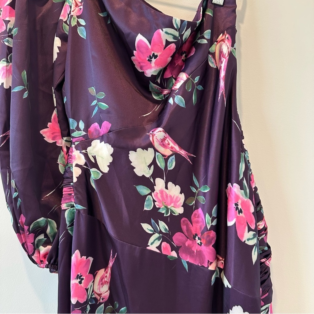Mac Duggal Ieena Purple One Shoulder Long Sleeve Floral Pink Wedding Guest Dress - Picture 16 of 16